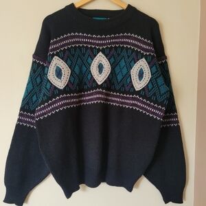 Vintage 90s Knit Grunge Oversized Grandpa Sweater Black Geometric Size Medium